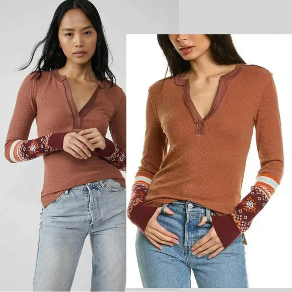 Free People Mikah Notch Neck Top Autumn Combo Size Small NWT MSRP $78 - Picture 2 of 4